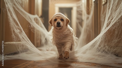 Dog dressed as a mummy, walking through a spooky, cobweb-covered hallway.