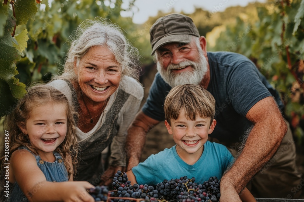 Fototapeta premium A joyful scene of grandparents with gray hair picking grapes in a vineyard with their cheerful grandchildren, enjoying a sunny day amidst rows of grapevines, creating sweet family moments.
