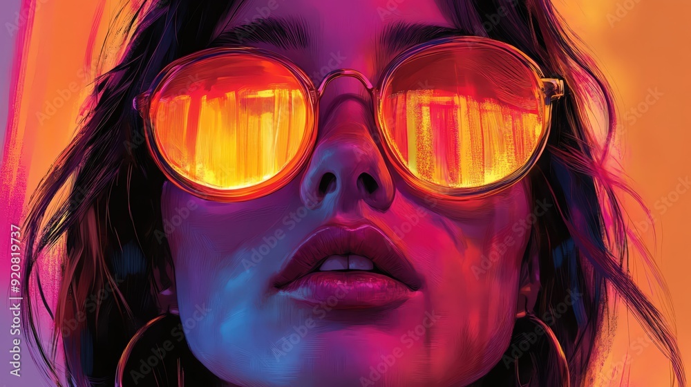 Stylish woman wearing reflective sunglasses in neon light, close-up portrait with vibrant colors, modern fashion and urban aesthetics. Stylish woman wearing reflective sunglasses in neon light, close-up portrait with vibrant colors, modern fashion and urban aesthetics.