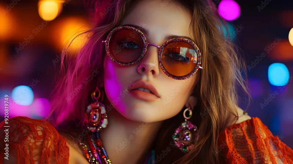 Fototapeta premium Glamorous Woman in Colorful Neon Lights Posing with Sunglasses and Jewelry