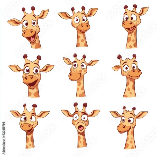 Nine cartoon giraffe faces with different expressions.