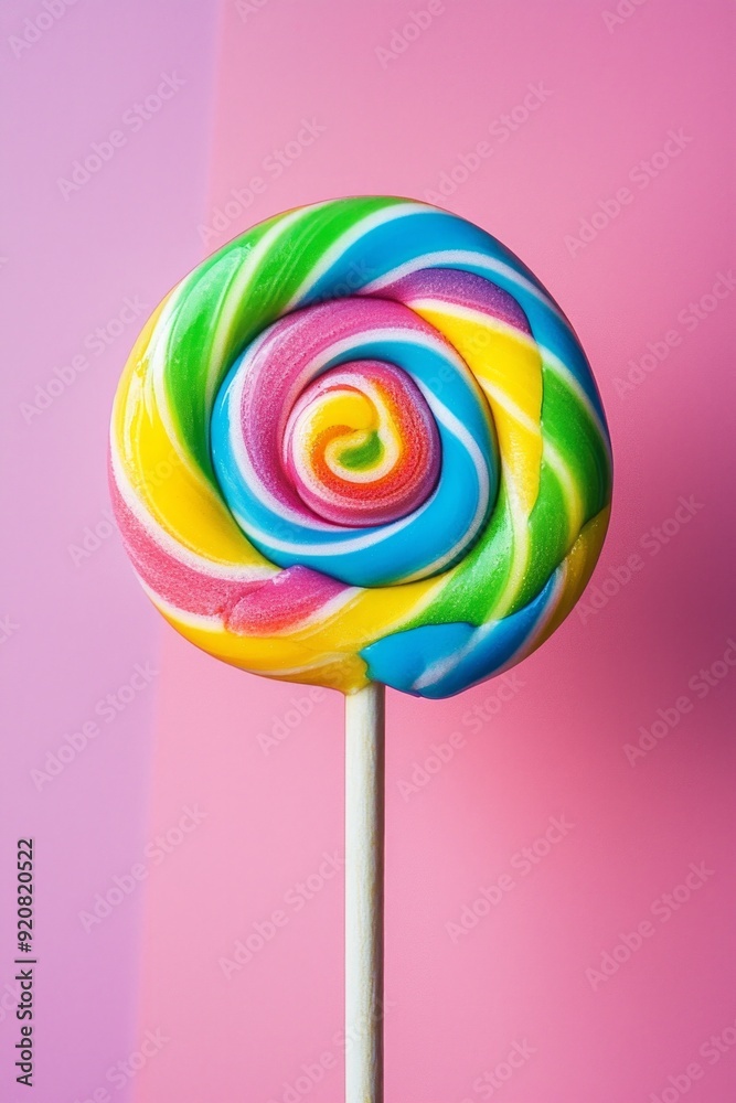 A spiral lollipop with vivid rainbow colors against a pastel color background. A spiral lollipop with vivid rainbow colors against a pastel color background.