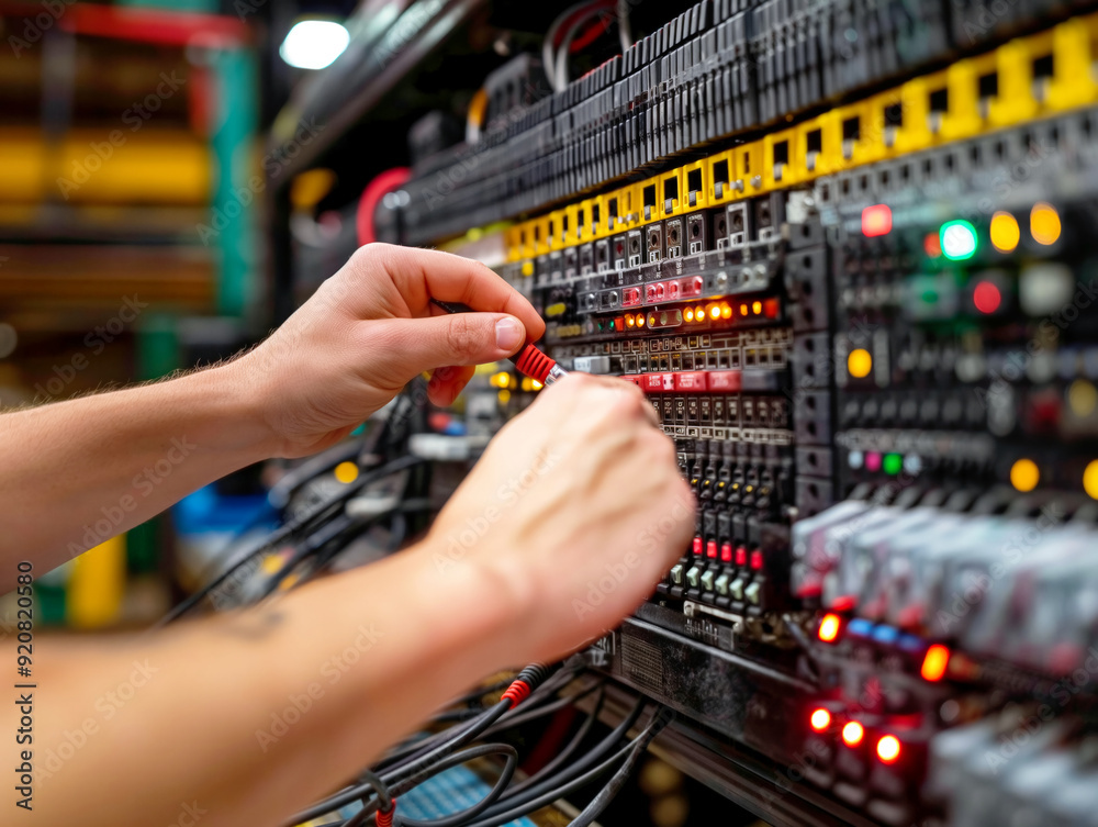 A person is working on a complicated electrical panel. The panel is full of switches and buttons, and the person is carefully adjusting a red wire