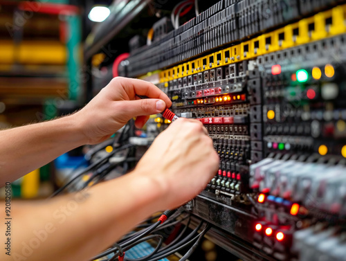Obraz na płótnie A person is working on a complicated electrical panel. The panel is full of switches and buttons, and the person is carefully adjusting a red wire w salonie