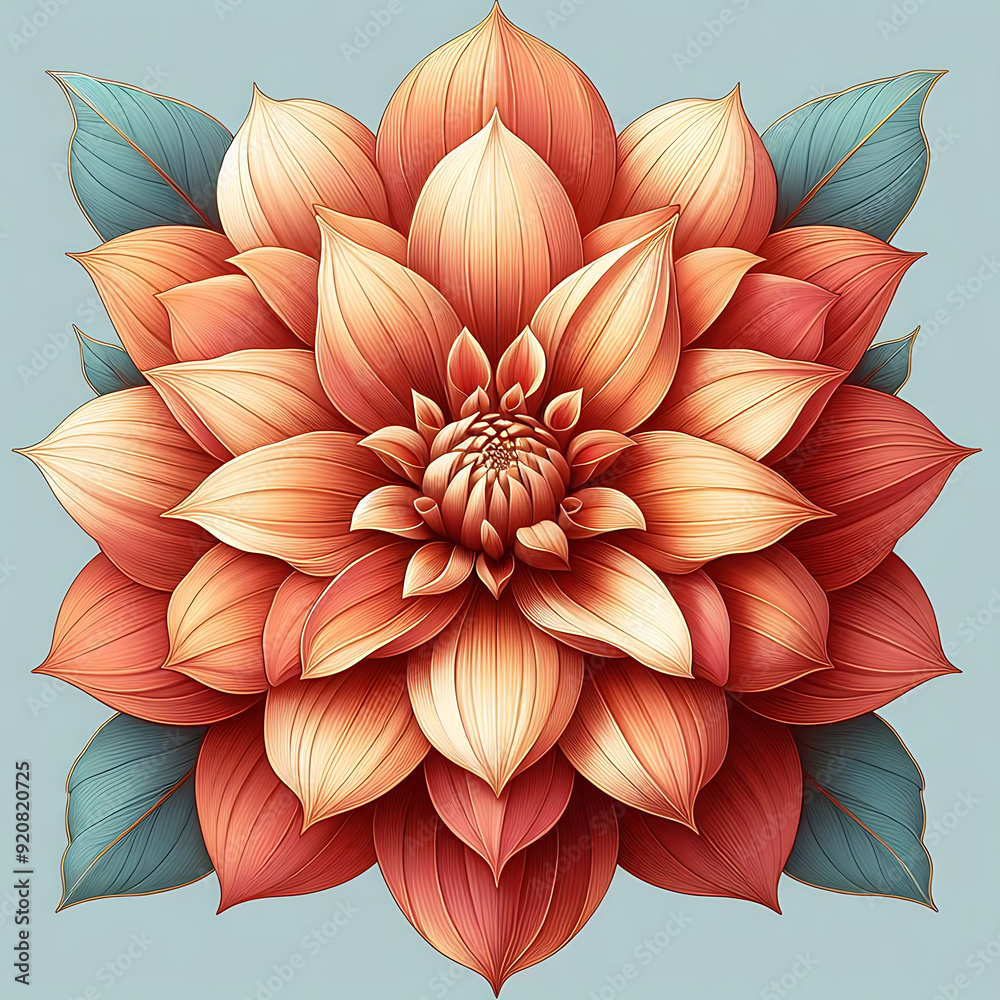 A pattern of realistic orange dahlia flower with powder blue background. A pattern of realistic orange dahlia flower with powder blue background.