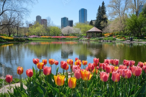Fototapeta Naklejka Na Ścianę i Meble -  Denver Spring. Blossoming Tulips in the Colorful Botanic Gardens