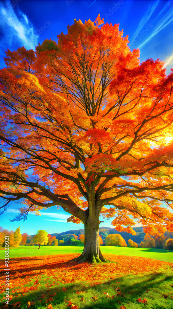 Tall Autumn Tree with Bright Orange Leaves on a Clear Day Tall Autumn Tree with Bright Orange Leaves on a Clear Day
