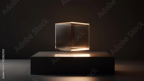Wallpaper Mural 3D Rendering of a Glass Cube Suspended Above a Sleek Black Base with Soft Lighting Torontodigital.ca