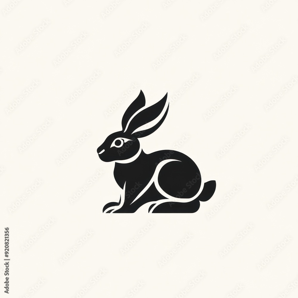 A simple black silhouette of a rabbit sitting with its ears up, isolated on a white background. A simple black silhouette of a rabbit sitting with its ears up, isolated on a white background.