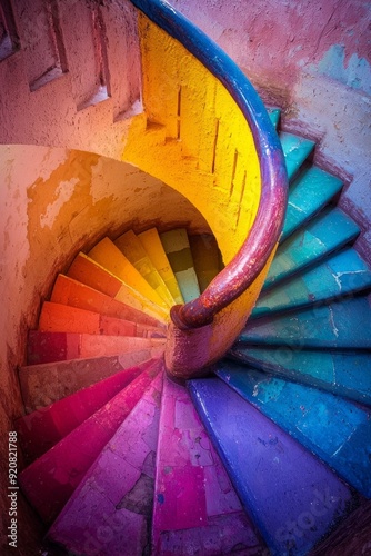 A spiral staircase with each step painted in a different color of the rainbow, viewed from above. photo