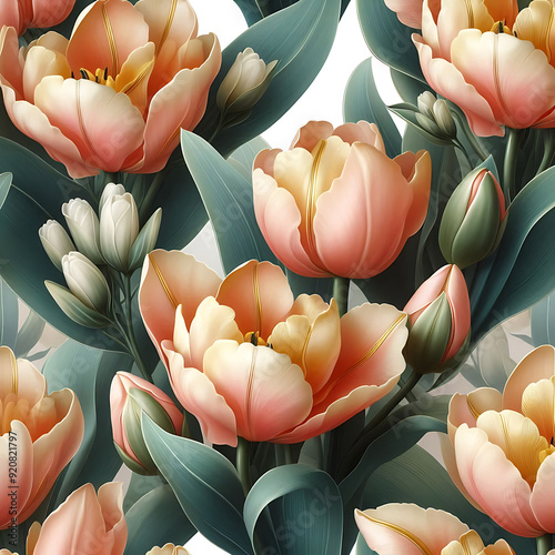 A pattern of realistic soft apricot parrot tulips with golden touch. photo