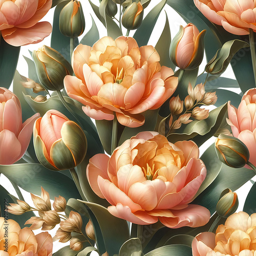 A pattern of realistic soft apricot parrot tulips with golden touch. photo