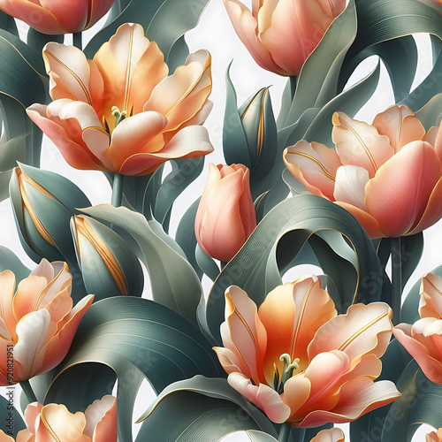A pattern of realistic soft apricot parrot tulips with golden touch. photo
