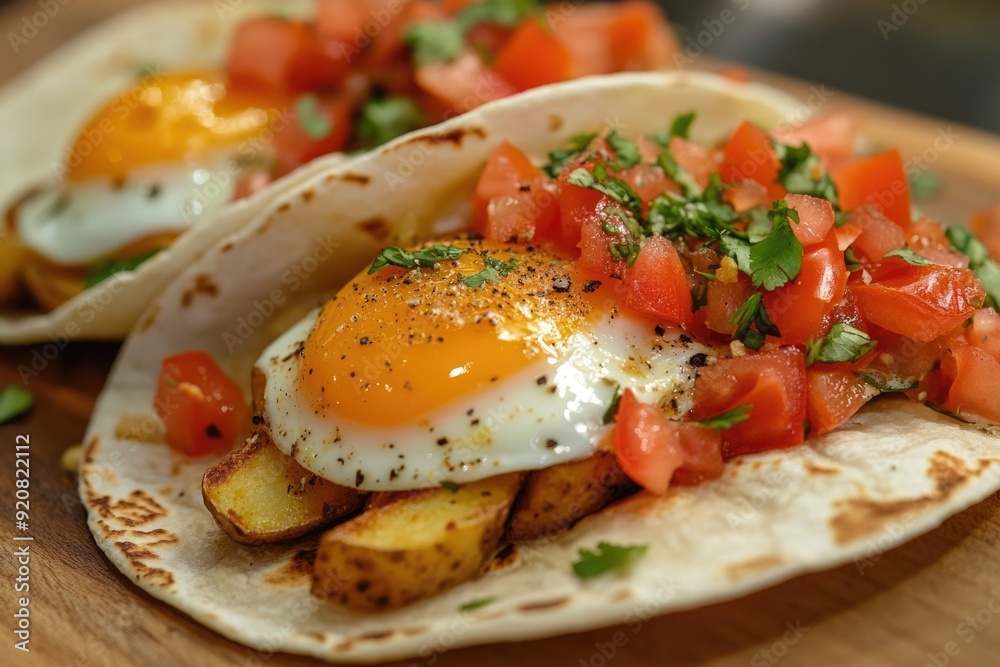 Egg Tacos with Potatoes and Cheese. Delicious Breakfast Option with Salsa and Tomatoes Egg Tacos with Potatoes and Cheese. Delicious Breakfast Option with Salsa and Tomatoes