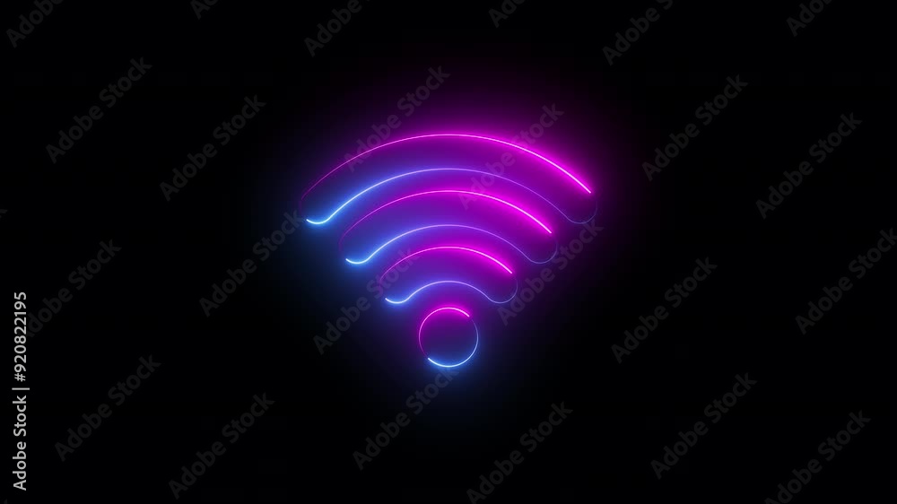 neon animation of wifi sign on black background, fast moving blue and pink rays to both sides. glowing lines, 4K animated seamless loop template
