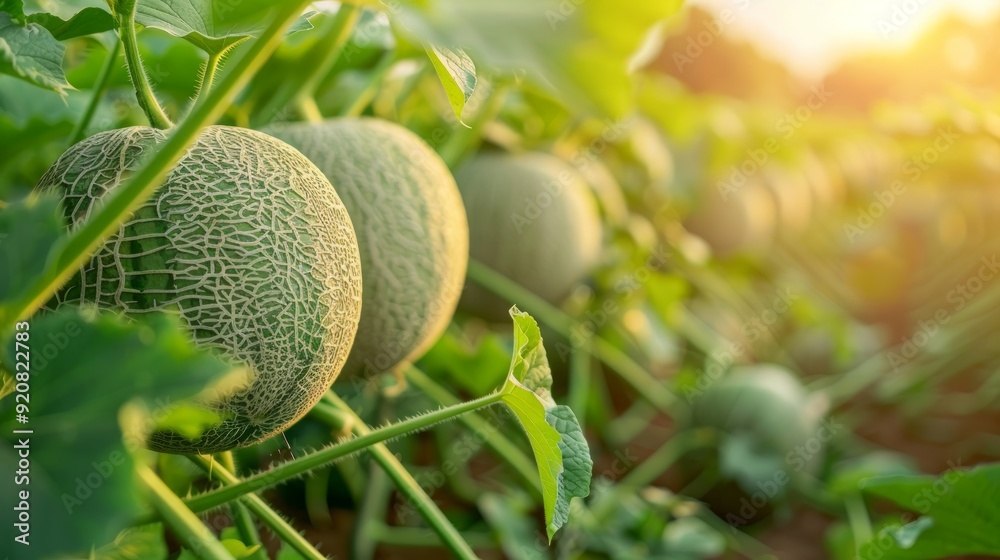 Green cantaloupe melon growing in farm with sunlight in the morning. Agriculture and fruit farm concept. Green cantaloupe melon growing in farm with sunlight in the morning. Agriculture and fruit farm concept.