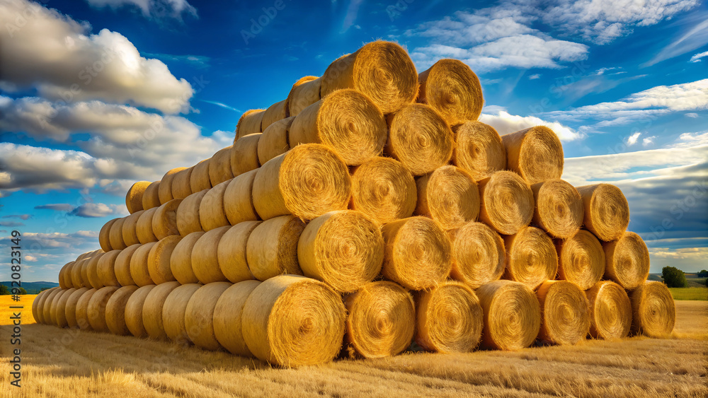 Tall Stack of Hay Bales Under Blue Sky in Rural Field Tall Stack of Hay Bales Under Blue Sky in Rural Field