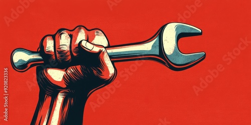 Fist Wrench. Stylised Human Hand Holding Red Wrench in Business Concept