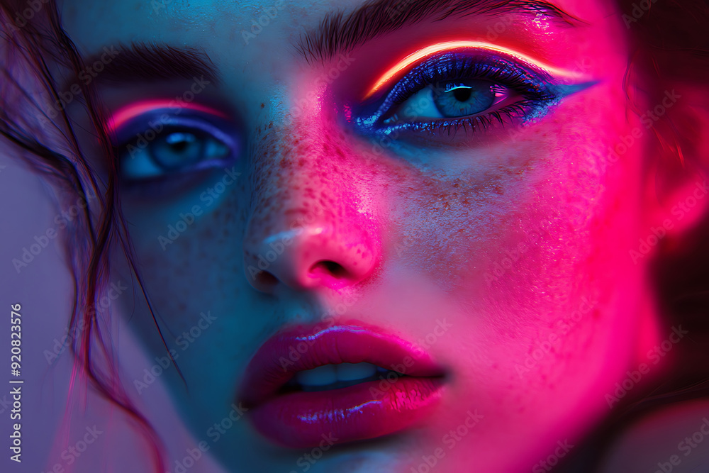 close up of young woman face with neon eye and lip makeup close up of young woman face with neon eye and lip makeup