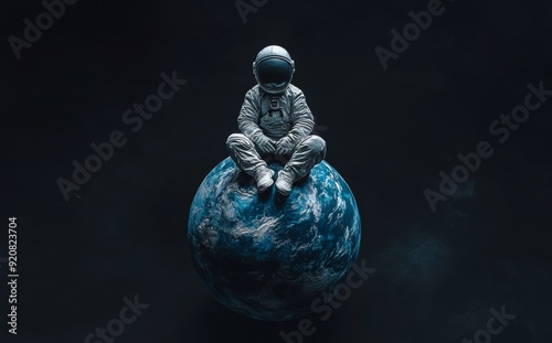 An astronaut sits on the Neptune planet. High quality digital space art in 5K - realistic rendering photo