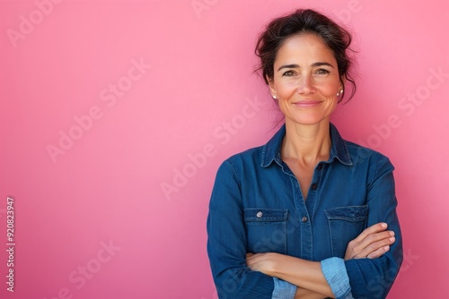 Portrait of a smiling older woman standing by pink background with arms crossed photo