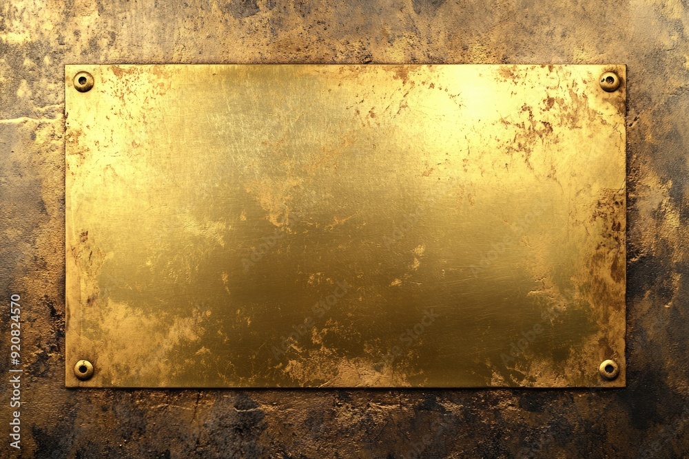 Fototapeta premium Gold Nameplate. Metal Plate Sign with Yellow Brass Border on Concrete Wall