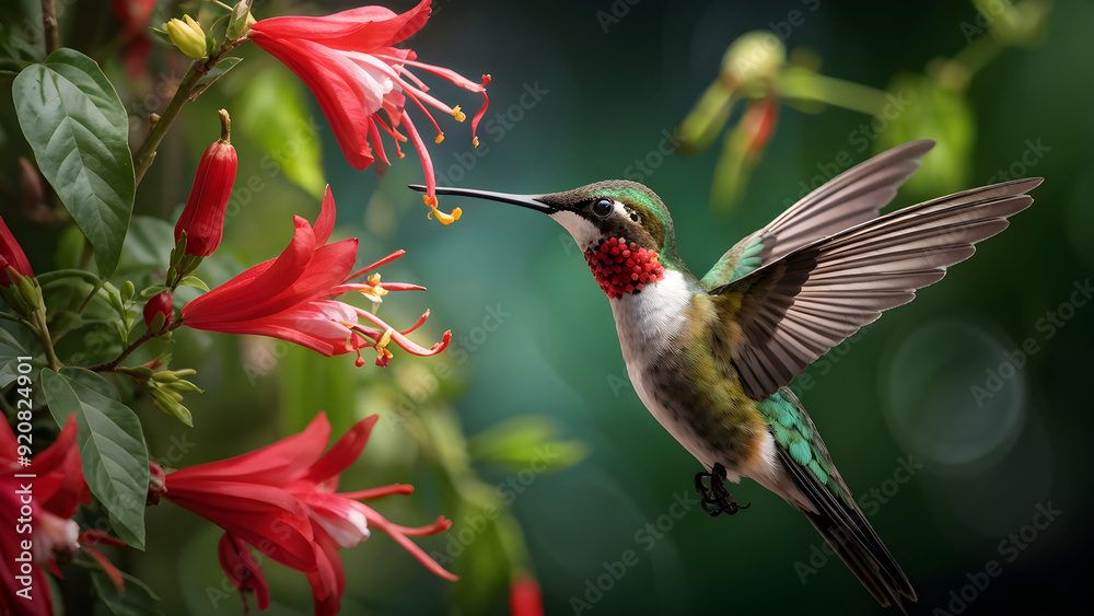 Fototapeta premium A hummingbird enjoying&nbsp;honeysuckle tubular blooms with greenery behind