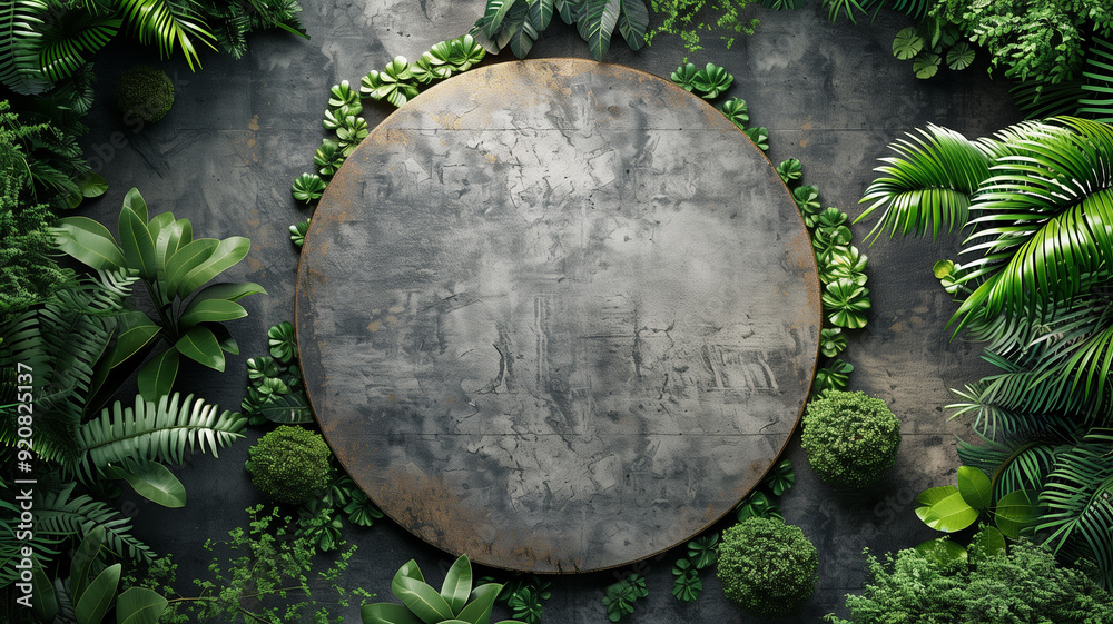 Fototapeta premium Top view of concrete floor surrounded by plants