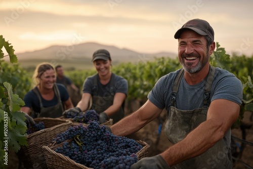 In a scenic vineyard against a mountain backdrop, farmers joyfully harvest ripe grapes, highlighting the beauty of rural life and the hard work involved in agriculture. photo