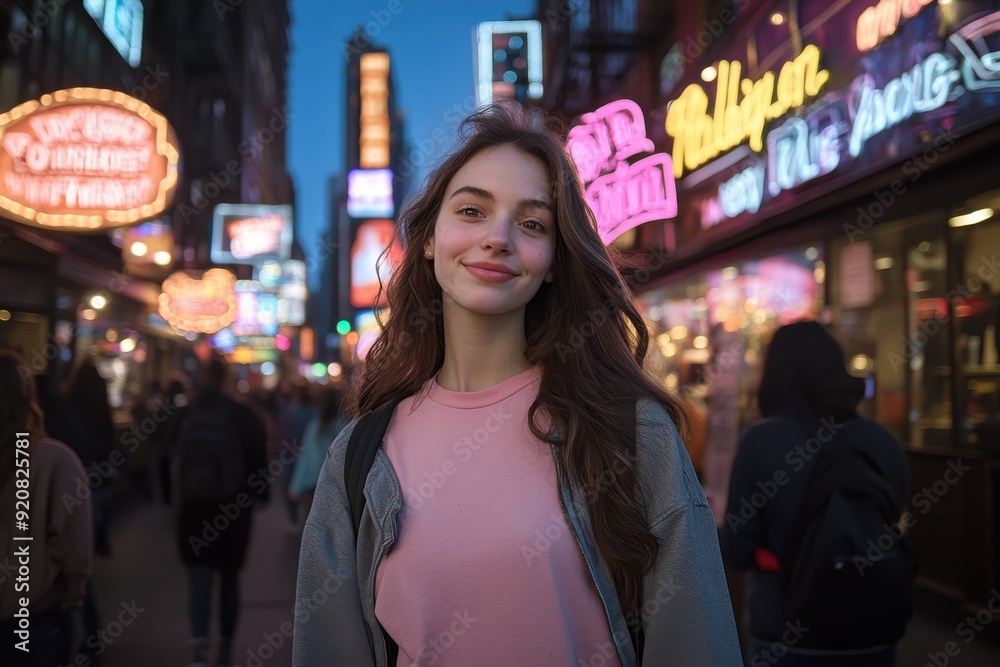 A contented young woman stands against a background of glowing neon lights at night in a bustling city, embodying a sense of freedom and joy in her urban adventure.