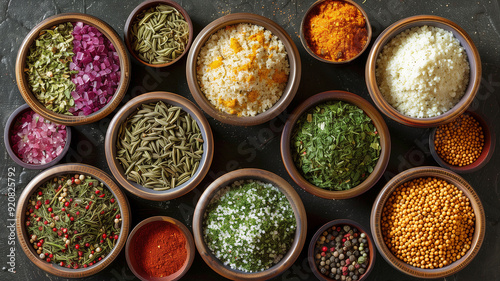 Different seasonings in cups. Spice background on the table