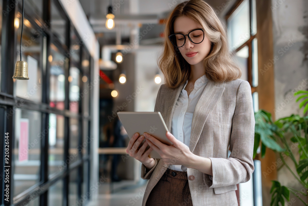 Fototapeta premium Professional woman in a modern smart business casual attire, including a blazer and pencil skirt, holding a tablet in a modern office environment.