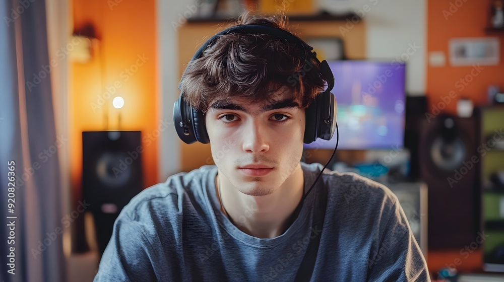 Fototapeta premium Focused Teenage Gamer Wearing Headphones in Studio Setting