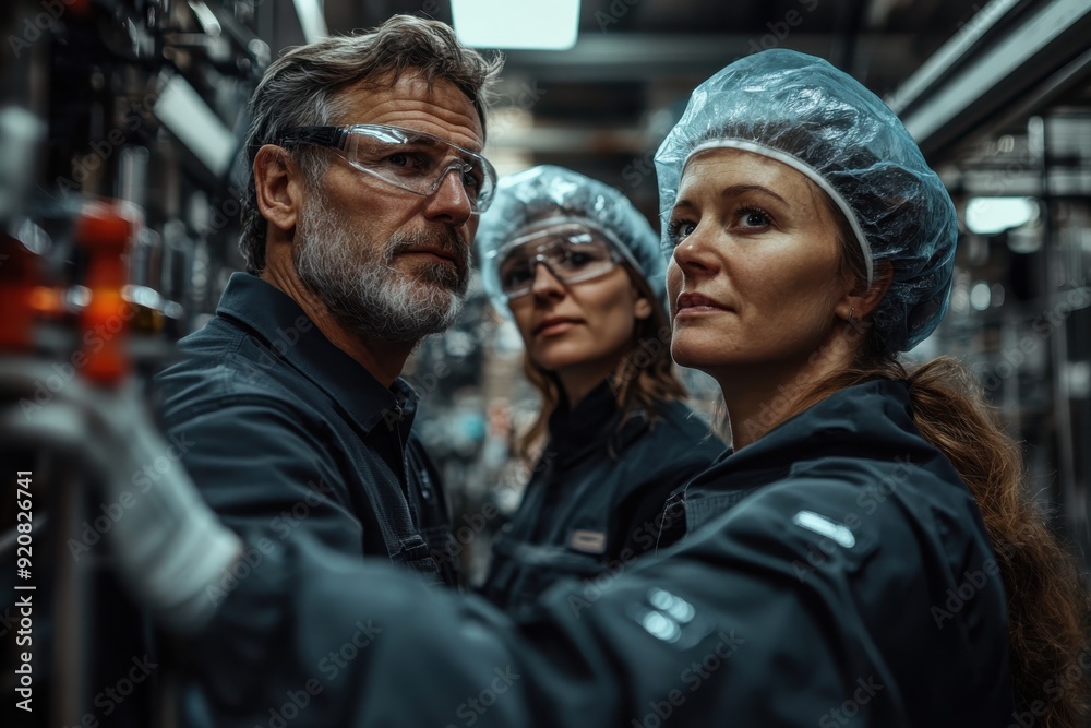 A team of focused factory workers in protective gear operate intricate industrial machinery, representing precision and dedication within a high-tech manufacturing environment. A team of focused factory workers in protective gear operate intricate industrial machinery, representing precision and dedication within a high-tech manufacturing environment.