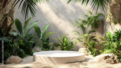 Top view of white podium on sandy floor surrounded by plants