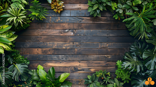 Top view of wooden floor surrounded by plants