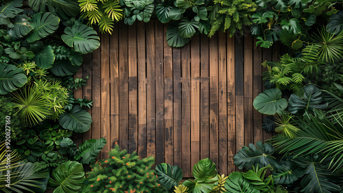 Top view of wooden floor surrounded by plants