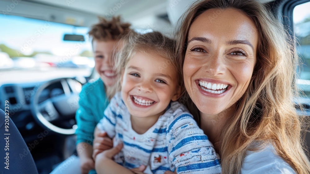 A smiling mother with her two happy children in a car, enjoying a fun trip together, capturing family bonding, joy, and the adventure of traveling in a bright and sunny day.