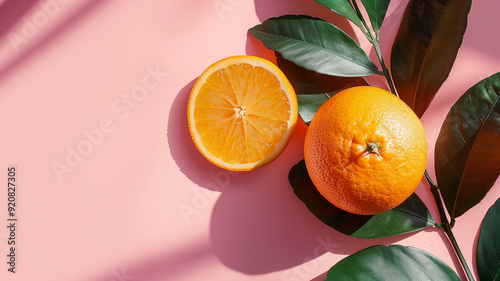 Top view orange fruit with orange leaves shadow. summer aesthetic concept
