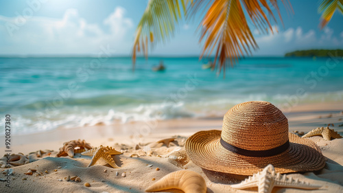 summer holiday background. tropical beach with sunbathing accessories 