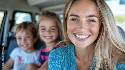 A cheerful mother with her two children, smiling and enjoying each other's company during a fun car adventure, highlighting the joy and closeness of family moments on a sunny day.