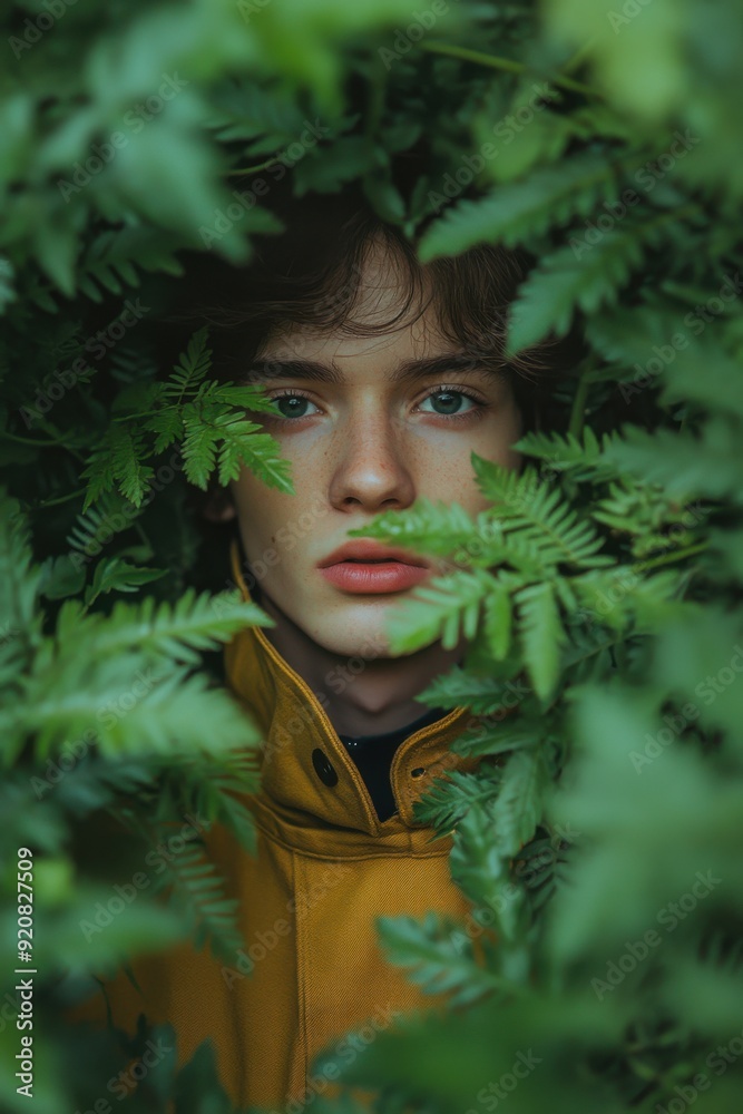 Young man hiding behind a bushy plant, Copy space Young man hiding behind a bushy plant, Copy space