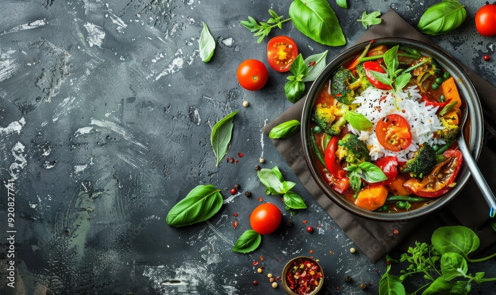 Curry with vegetables and rice on rustic background, delicious asian dinner Curry with vegetables and rice on rustic background, delicious asian dinner