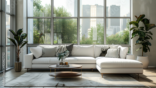living room interior with sofa and coffee table, panoramic window