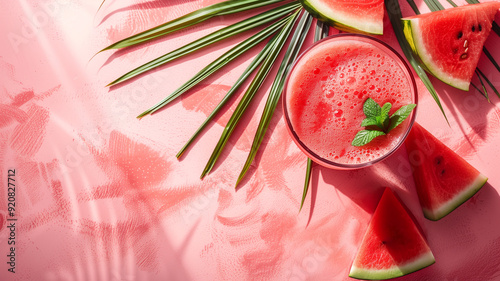 Watermelon Smoothie with palm leaves shadow on a pastel pink background. Summer aesthetic concept