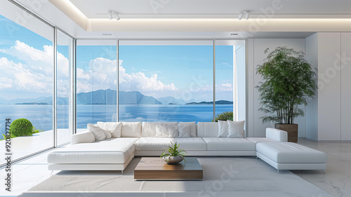 living room interior with sofa and coffee table, panoramic window