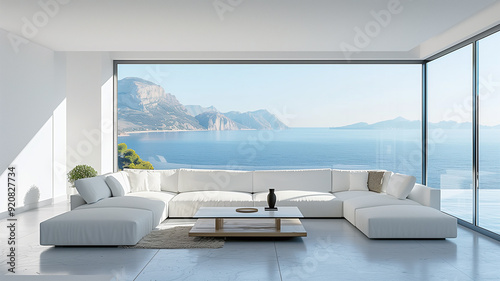 living room interior with sofa and coffee table, panoramic window
