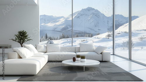 living room interior with sofa and coffee table, panoramic window