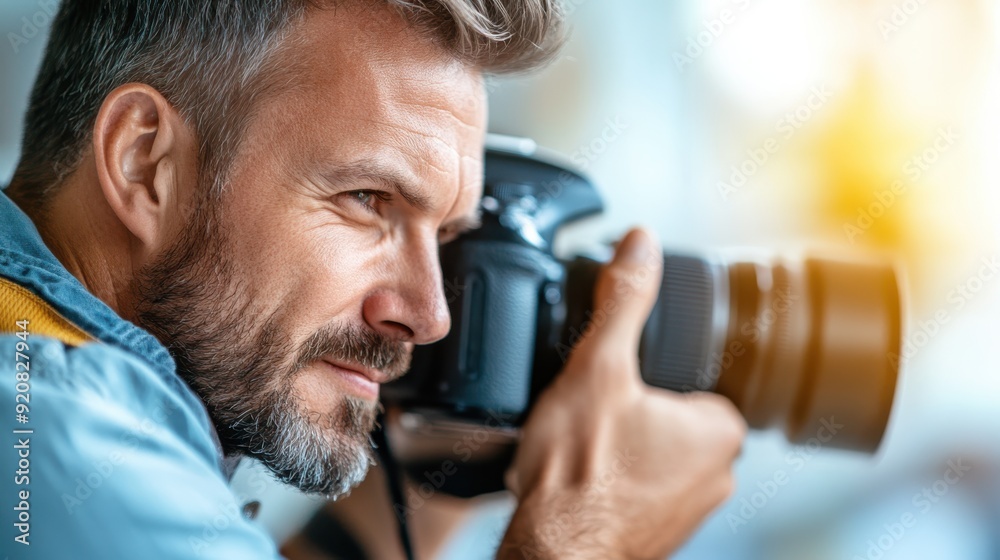 Fototapeta premium A man with a focused expression is photographing an object using a professional camera, demonstrating his deep concentration and dedication to capturing the perfect shot.