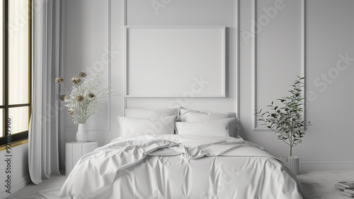 White hotel bedroom interior with bed and decoration. Mockup frame